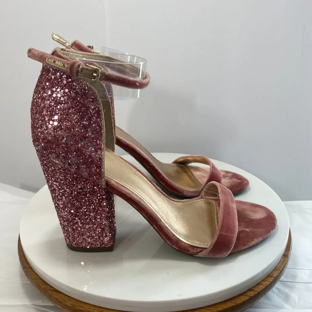 Guess Glitter Party Wrap BamBam Velvet Ankle Strap Block Heel Sandals 8.5 Pink‎